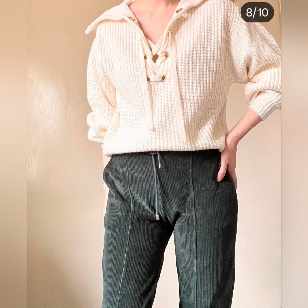 SEZANE Peter Laced Merino Blend Ribbed Flip Collar Jumper in Ecru Size S - Picture 3 of 15
